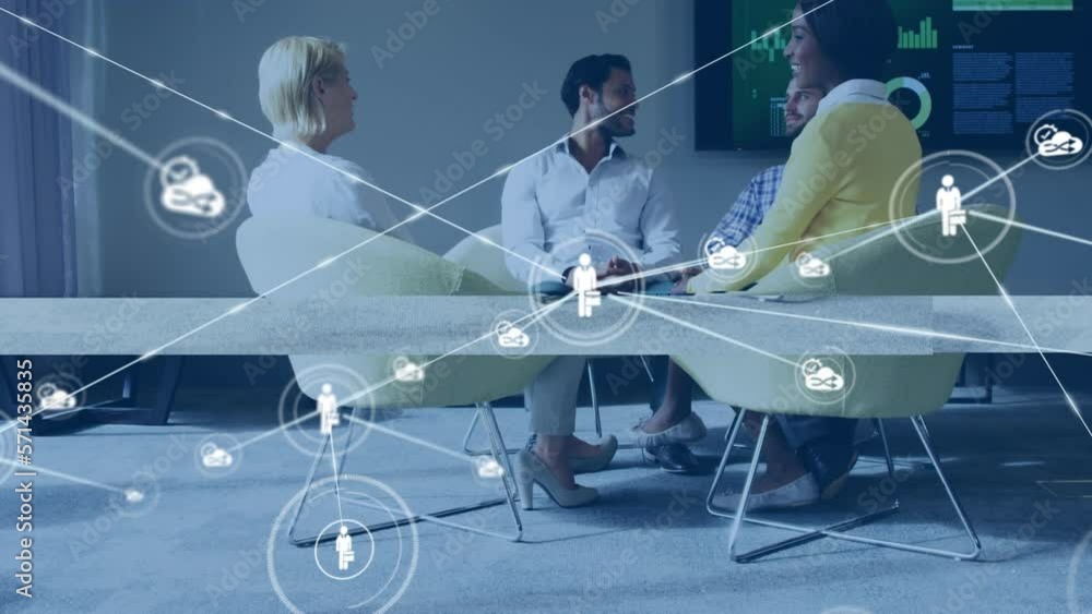 Poster animation of icons connected with lines over diverse coworkers discussing while sitting on chairs