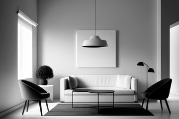 white and black living room with furniture in red details, Generative AI