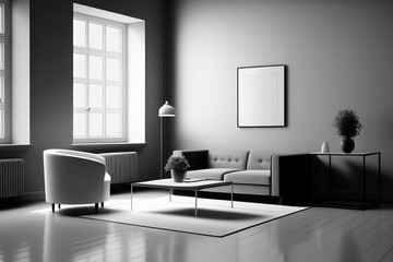 white and black living room with furniture in red details, Generative AI