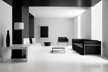 white and black living room with furniture in red details, Generative AI