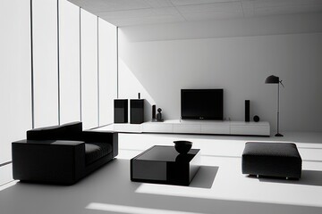 white and black living room with furniture in red details, Generative AI