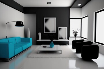 white living room with luxury furniture with blue details, Generative AI