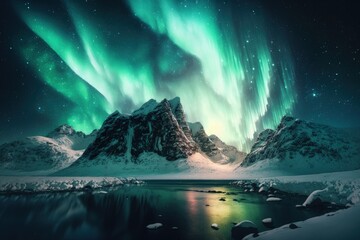 Naklejka premium Northern Lights over snowy mountains. Aurora borealis with starry in the night sky. Fantastic Winter Epic Magical Landscape of snowy Mountains. Generative AI