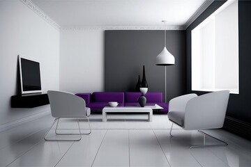 white living room with luxury furniture with purpple details, Generative AI