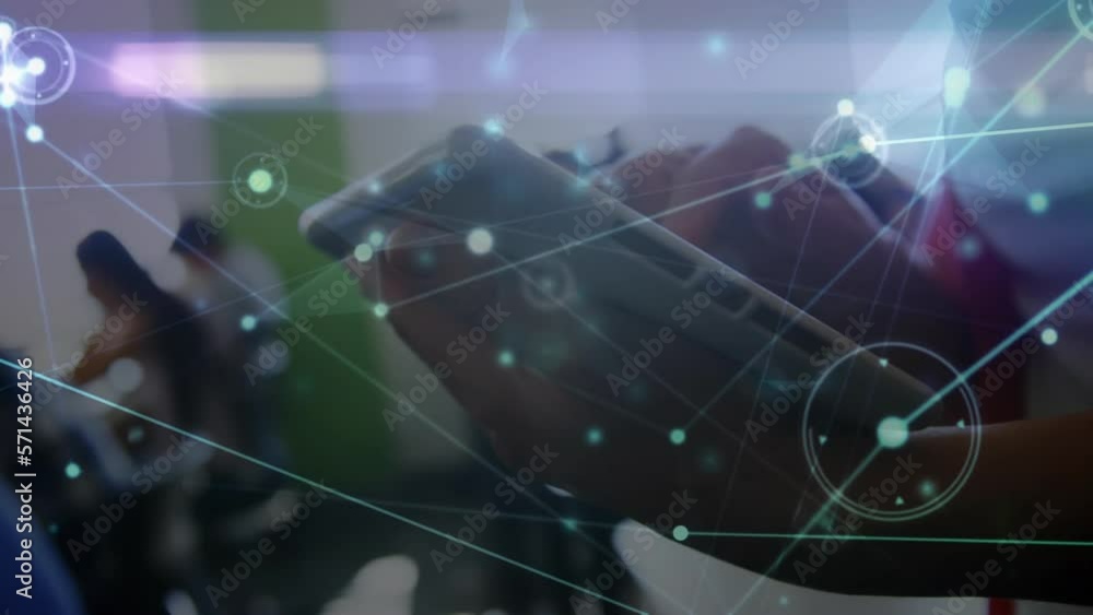 Poster animation of network of connections with data processing over school children using tablets