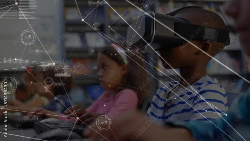 Poster animation of network of connections with data processing over school children using vr headset