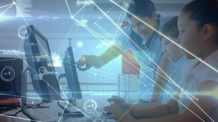 Animation of network of connections with data processing over school children using computers - Powered by Adobe