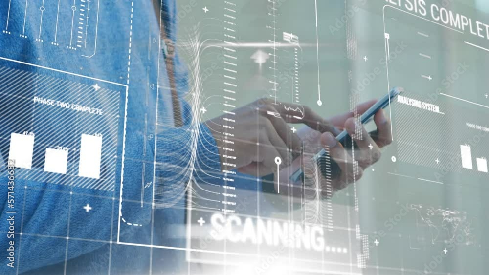Poster animation of interface with data processing against mid section of a man using smartphone