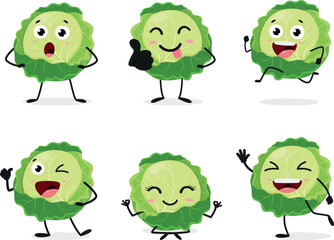 Cartoon Cute Cabbage, vegetable character set isolated on white