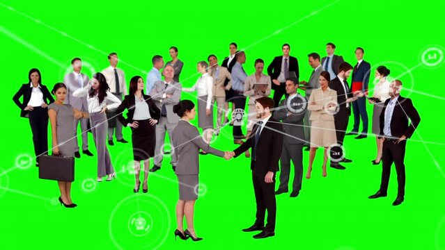 Animation of network of connections with icons over diverse business people on green screen