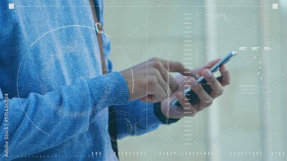 Poster animation of interface with data processing against mid section of a man using smartphone
