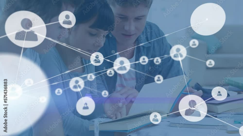 Poster animation of network of digital icons and light spot over group of diverse students studying