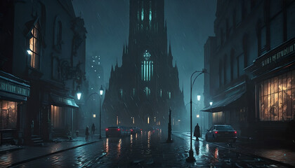 Gothic cathedral on a rainy night, neo-noir cityscape
