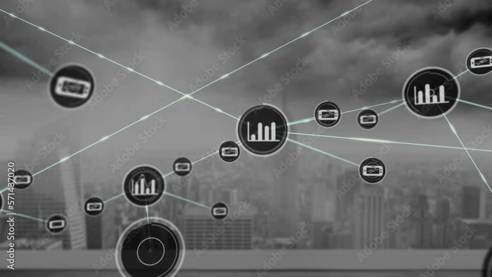 Poster animation of graph and phone icons connected with lines over clouds over skyscrapers