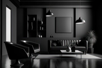 black and white living room with luxury furniture. Generative AI