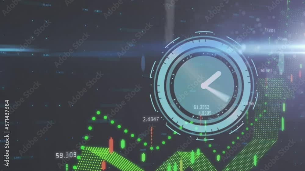 Poster animation of neon ticking clock and financial data processing and light spot on blue background