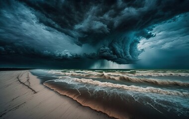 Baltic Sea is surrounded by dramatic, dark clouds following a thunderstorm. Latvia. majestic seascape Storm, gale, cyclone, inclement weather, meteorology, ecology, global warming, and natural phenome