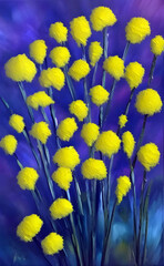 Fototapeta premium Ein Strauß flauschiger gelber Blumen mit blauem Hintergrund. 