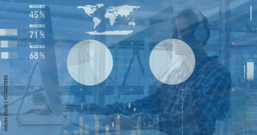 Aufkleber animation of data processing over caucasian man wearing headphones using computer at office