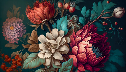 Peonies and lilies floral pattern in a vintage print style,  generative AI