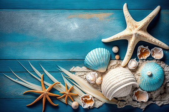 Seashells and starfish on a blue wooden background with sand in the summer. Generative AI