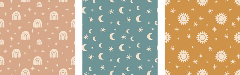 Nursery Sky Pattern Crescent Moon, Rainbow, Sun,
Star Gender-Neutral Boho Seamless Pattern Vector Illustration Set  - 571438069