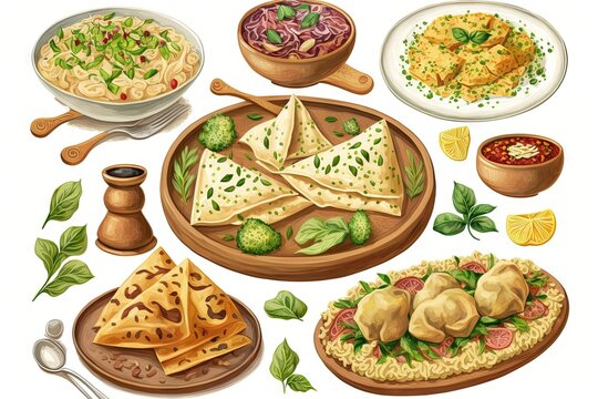 Traditional oriental, Uzbek cuisine, salad, chuchvara, pilaf, manti and samsa, a set of dishes made in one set. Generative AI