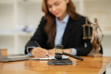 Female lawyer working at client's office discussing documents