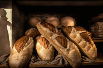 Loaves of bread exposed at a bakery. Generative AI