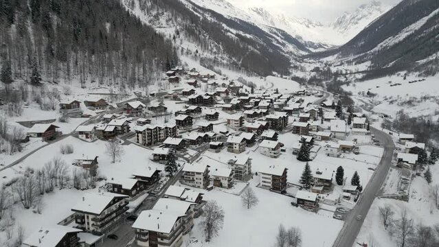 Snowscape Village In Wiler Municipality, L&ouml;tschental, Canton of Valais in Switzerland. Aerial