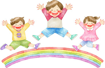 手足を広げて元気にジャンプをする子供たちと虹のイラスト
