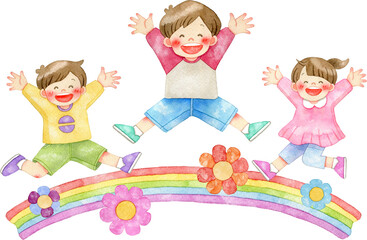 手足を広げて元気にジャンプをする子供たちと花と虹のイラスト