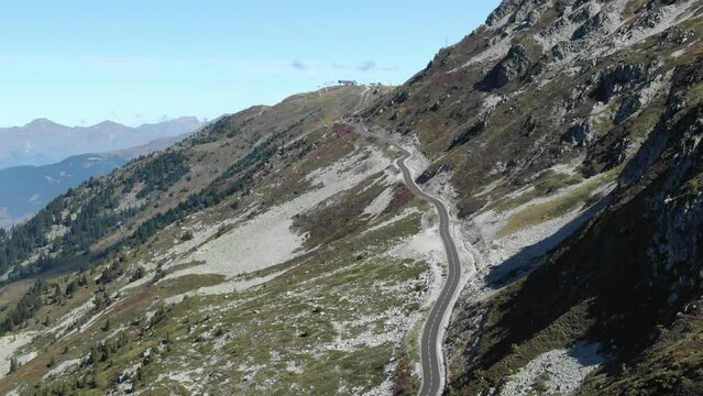 Col de la Loze mountain pass in French Alps, Meribel in Savoie department of France. Aerial drone panoramic view