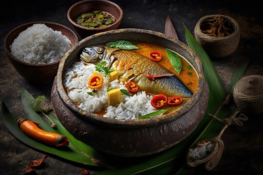 Very popular Kerala fish curry with white rice in coastal area south Indian and Sri Lanka, Malaysia, Thailand, Singapore. made by marinated mackerel fish with Indian spices. sea food in clay mud pot