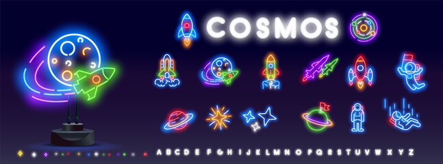 Simple Set of Space Game Related Vector Line Icons. Contains such Icons as up, Ruby, Planet, Coin, Spaceship. Vector colorful set of space neon lamp icons.