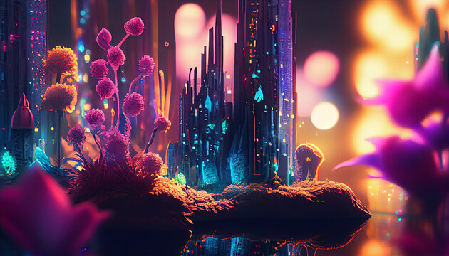 Vibrant And Nostalgic Whimsical Fairy Cityscape With Detailed Neon Lights And Reflections, Flowers, And Technology Gadgets, A Full Shot Of A Towering Skyscraper In The Center