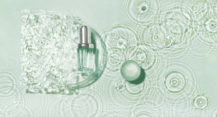 Fototapeta na wymiar Cosmetic spa medical skincare, glass serum bottle in petri dish with collagen on green water background with waves.