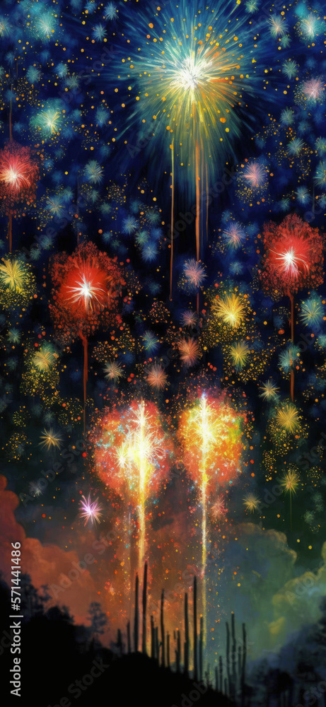 Poster the night sky is illuminated by a colorful display of sparkling fireworks. generative ai