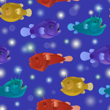 Seamless pattern with angry toothy anglers with lanterns bait. Vector cartoon detailed illustration of anglerfish. Deep sea fauna.