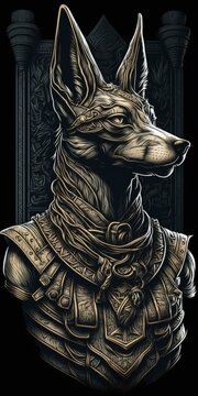 A bust of a dark jackal with a crown and armor stands alone in the foreground of this ancient Egyptian god Anubis, who is also known as the guardian of the scales on the trial of Osiris in the land of