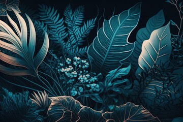 a background of abstract nature, tropical plants, and a blue toned process. Generative AI