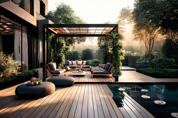 Fototapeta Luxury Living Outdoor Space Interior design of a lavish side outside garden at morning. Generative AI. Digital Art Illustration obraz