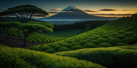 Fototapeta na wymiar Green tea plantation near Mount Fuji, Shizuoka Prefecture, Japan. Generative AI