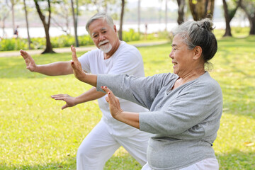 Asian senior couple practice yoga excercise, tai chi tranining, stretching and meditation together with relaxation for healthy in park outdoor after retirement. Happy elderly outdoor lifestyle concept