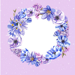 Beautiful round frame of spring flowers on a gentle background. watercolor illustration