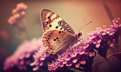 Fototapeta na wymiar A butterfly sitting on top of a purple flower, Generative Ai