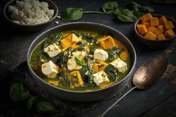 Palak Paneer, a vegetarian appetizer. Indian food, a spinach and soft cheese curry dish, on a concrete background. Generative AI