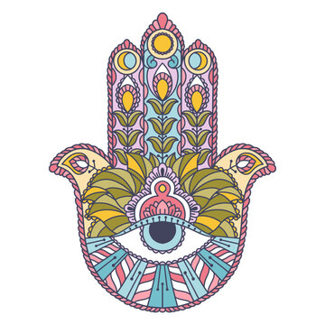 Fatima Hand colored Indian symbol. Khamsa, sacred eastern sign, good luck charm. Hamsa with all seeing eye. Vintage boho style.Vector illustration