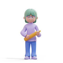 3D illustration of standing beautiful woman carrying yellow pencil. Cute cartoon smiling attractive girl with casual style in purple and blue