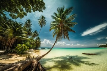 Fototapeta na wymiar Beautiful tropical island beach with blue skies, palm trees, and a summertime nature scene Koh Kood, Thailand. Generative AI